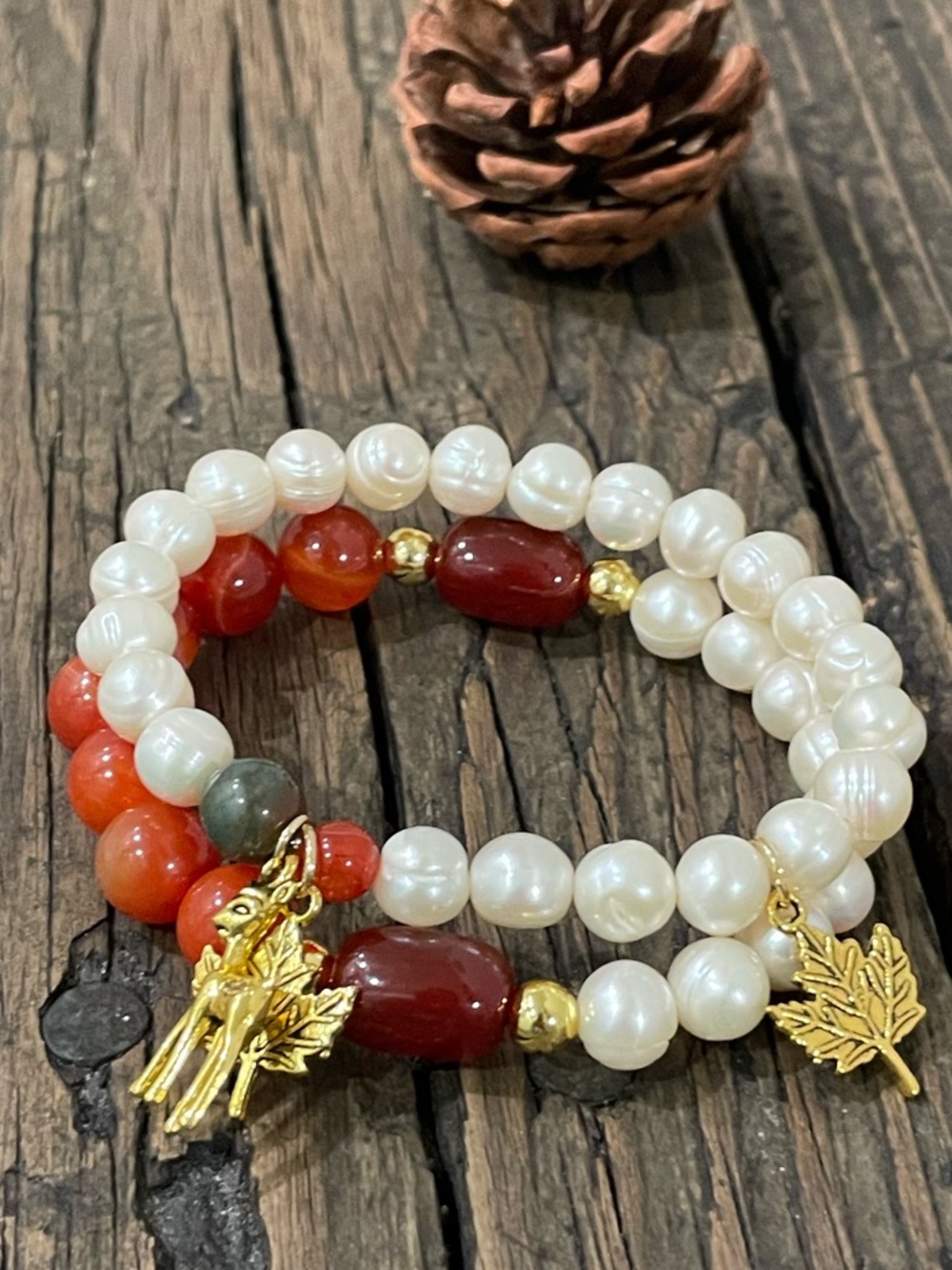 Pearl & Red Agate Beaded Charm Bracelet
